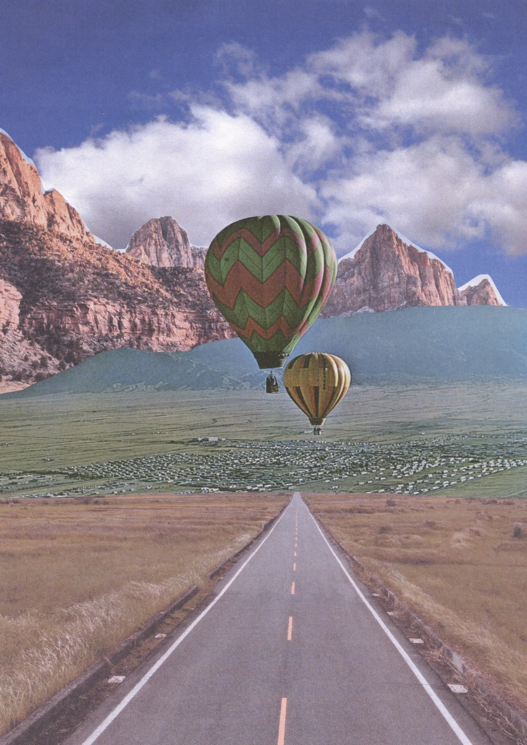 Collage of two hot air balloons floating over a long straight road, with red mountains and clouds behind