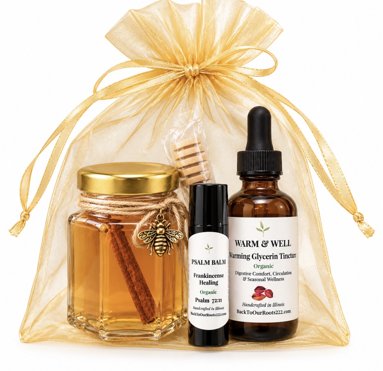 Christmas Comfort Gift Bundle with Winter’s Gold honey, Frankincense Psalm Balm and Warm & Well glycerite in a gold gift bag