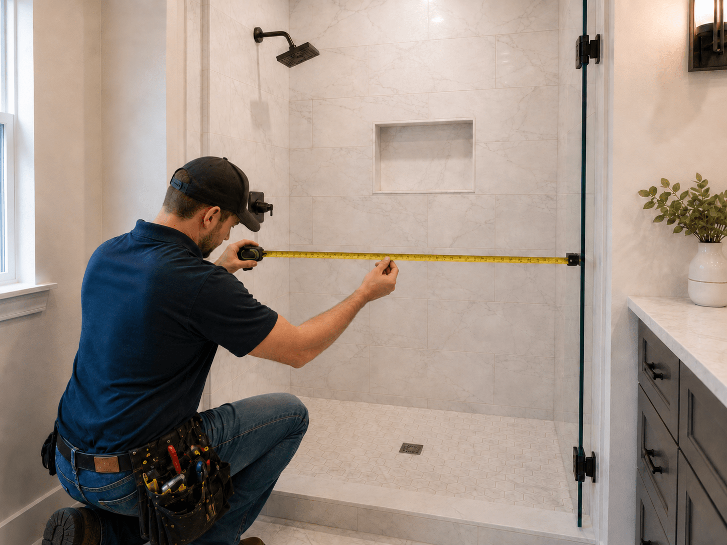 Contractor measuring shower opening with tape measure for custom glass shower installation