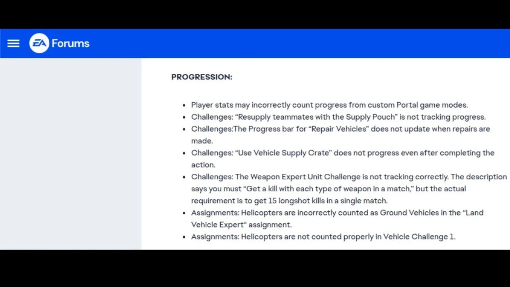 A screenshot from the official EA Forums 'Progression' known issues list, detailing multiple challenge and assignment tracking bugs in Battlefield 2042, including the "Repair Vehicles" challenge, where progress does not update.