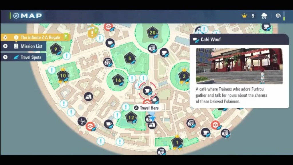 The in-game map of Lumiose City in Pokémon Legends: Z-A, showing various points of interest and the 'Café Woof' travel spot description.