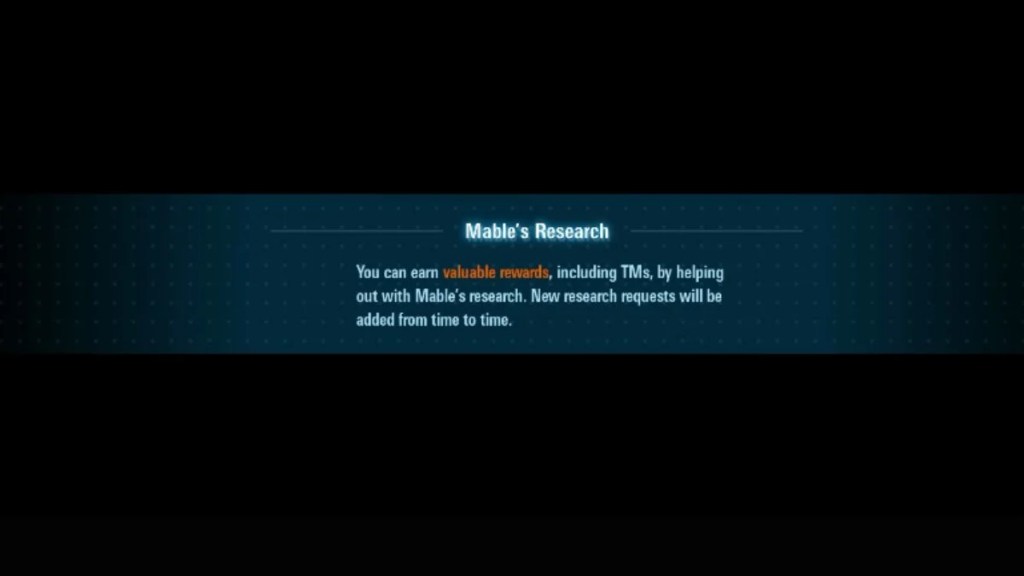 A screen showing a tip for 'Mable's Research' in Pokémon Legends: Z-A, which mentions earning valuable rewards including TMs by helping out with research requests.