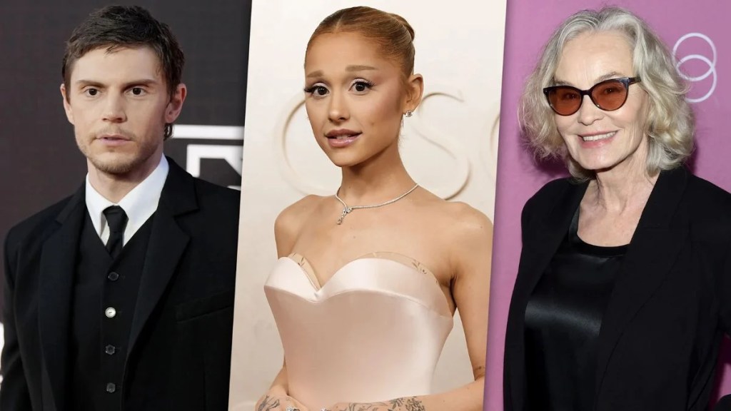 Composite image of three returning AHS cast members: Evan Peters, Ariana Grande, and Jessica Lange, who are all set to star in Season 13.