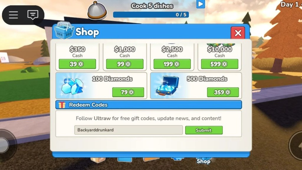 Screenshot of the Restaurant Tycoon 3 Shop menu in Roblox showing the 'Redeem Codes' section with the input box labeled "Backyarddrunkard".