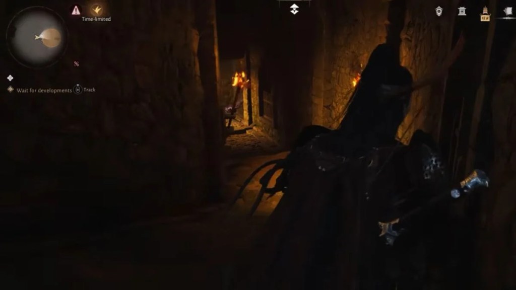 A character in Where Winds Meet stands in a dark stone corridor with fire traps and stone slabs, preparing to enter the Panacea Fan Sanctum.