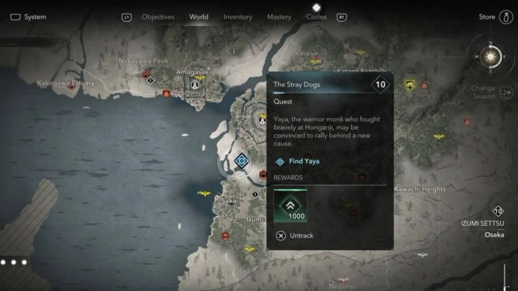 In-game map of the Izumi Settsu region showing the quest marker for "The Stray Dogs" to find Yaya.