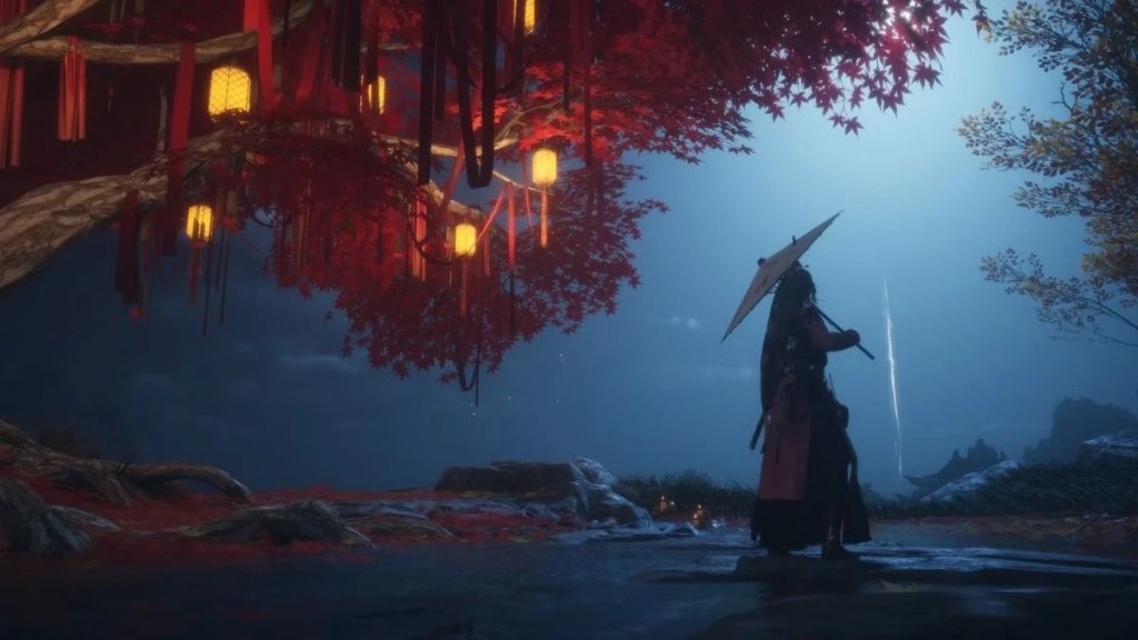A character in a red and black wuxia outfit, holding an umbrella, standing under a maple tree adorned with red lanterns at night in Where Winds Meet.
