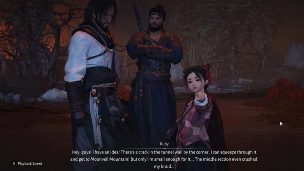 In-game screenshot of Ruby speaking to two male characters, offering to squeeze through a crack to get to Moonveil Mountain, right before her sacrifice in Where Winds Meet.