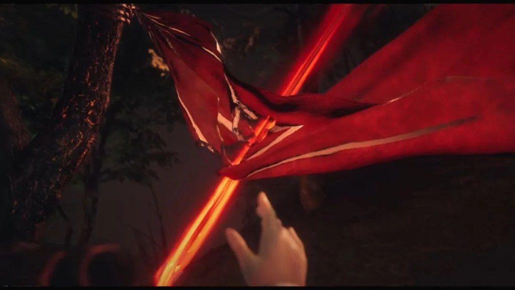 A glowing, red light slashing across a red cape or banner, with a hand reaching towards it, symbolizing Ruby’s sacrifice in Where Winds Meet.