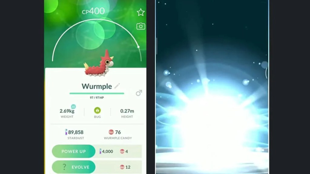 A Pokémon GO user interface showing a Wurmple with 76 candy and the random evolution button.