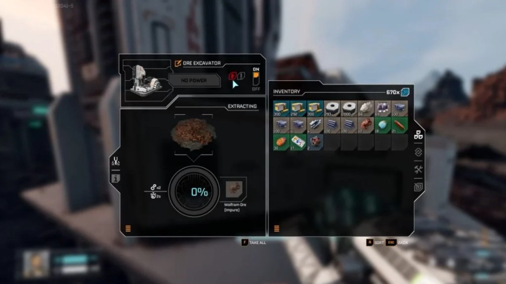 StarRupture in-game UI for an Ore Excavator showing a "No Power" warning in red next to a 0 percent progress bar.