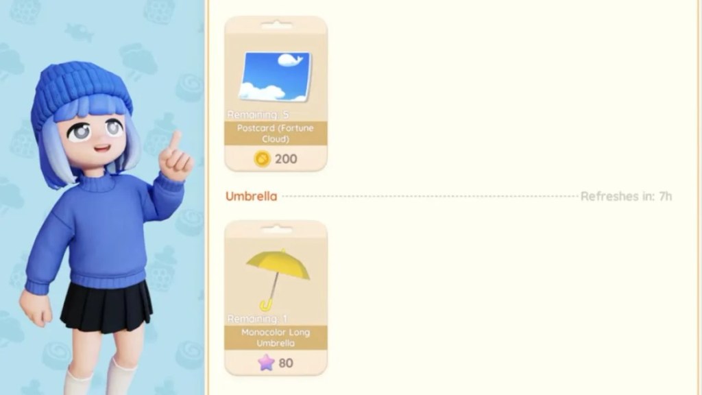 The Heartopia in-game shop interface showing Doris selling a Fortune Cloud Postcard and a Monocolor Long Umbrella.