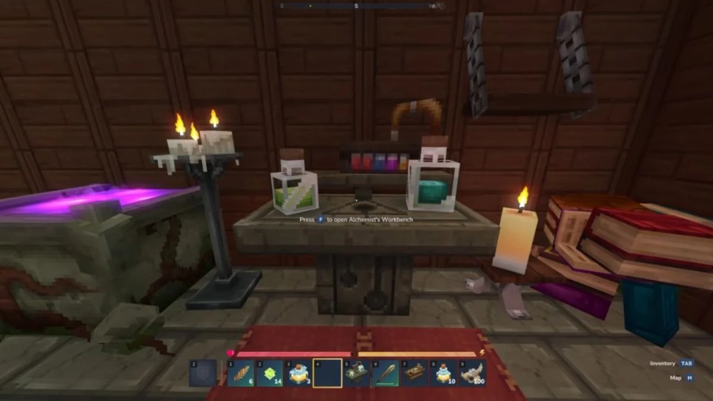 A Tier 2 Alchemist’s Workbench in Hytale surrounded by candles, books, and a purple cauldron.
