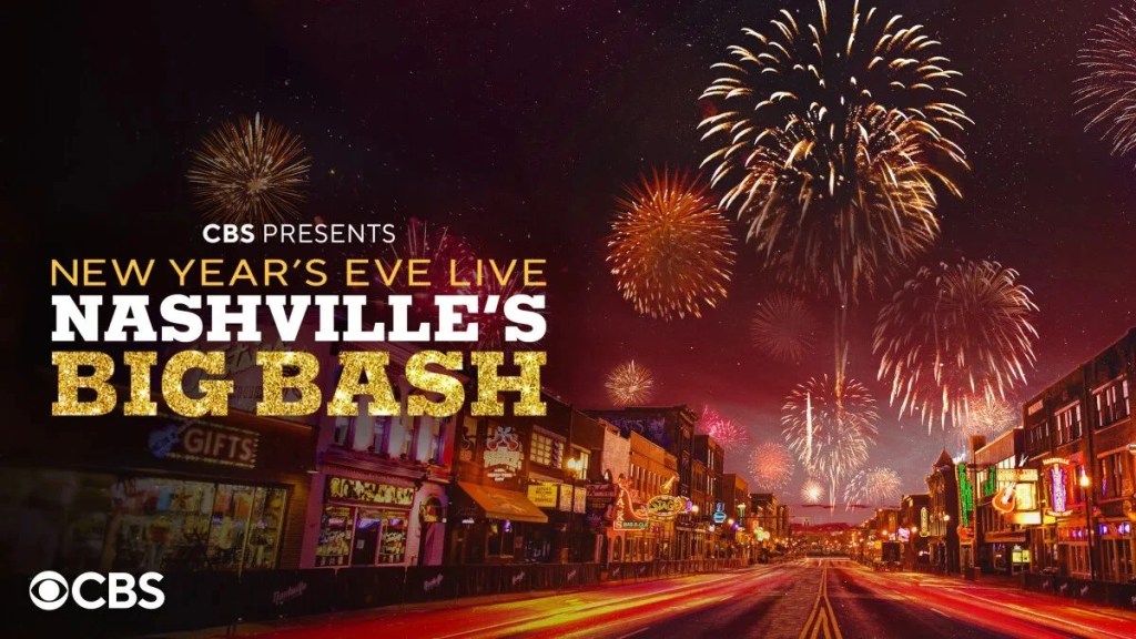 Nashville’s Broadway street at night under a sky filled with golden fireworks for the CBS New Year’s Eve Live Nashville’s Big Bash broadcast.