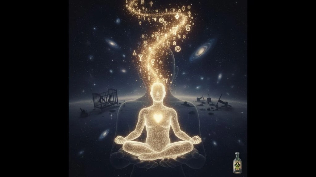 A glowing silhouette of a person meditating in space with symbols rising from their head.