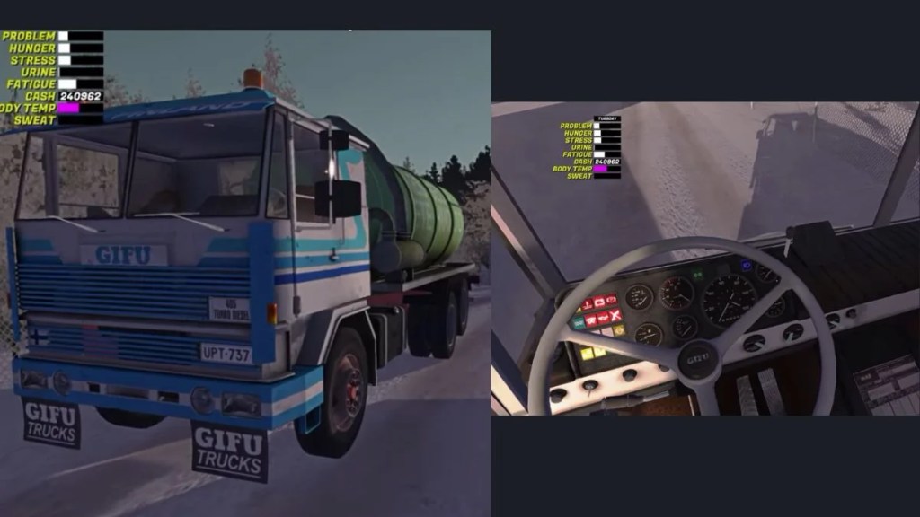 Exterior view of the Gifu truck and a close-up of the dashboard and steering wheel.