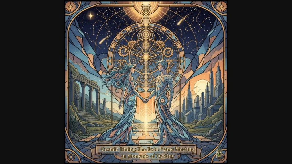 Stained glass style art depicting a man and woman holding hands between a crumbling ancient temple and a modern city under a cosmic clock.