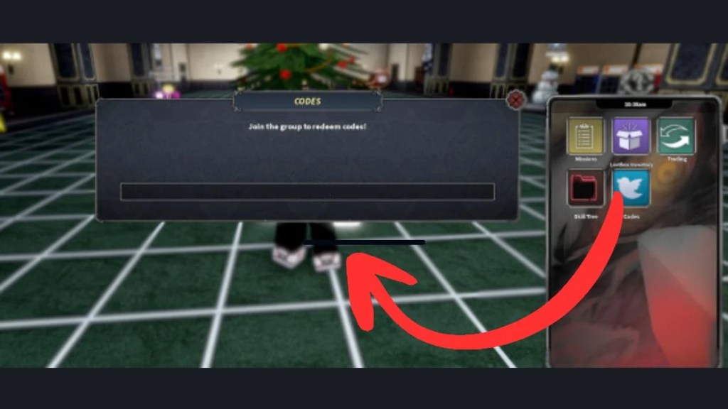Step-by-step guide showing the Devil Hunter code redemption menu on the in-game phone interface.