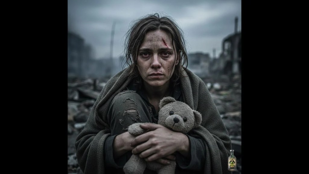 A woman sitting in war-torn rubble holding a teddy bear, representing initial trauma.