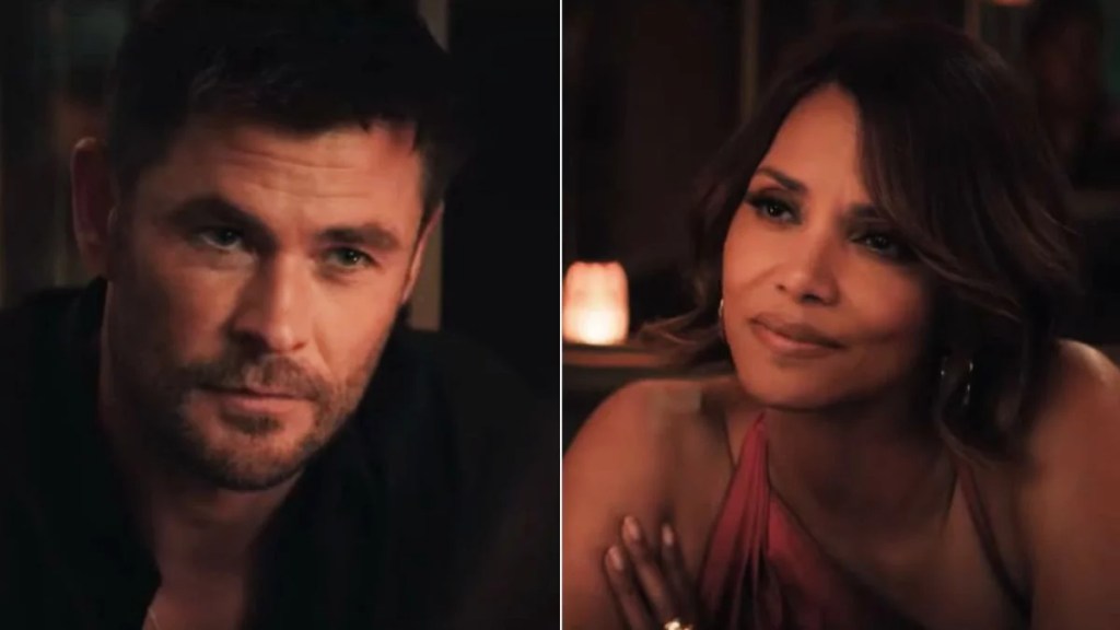 Side-by-side shots of Chris Hemsworth and Halle Berry in a dramatic scene from Crime 101.