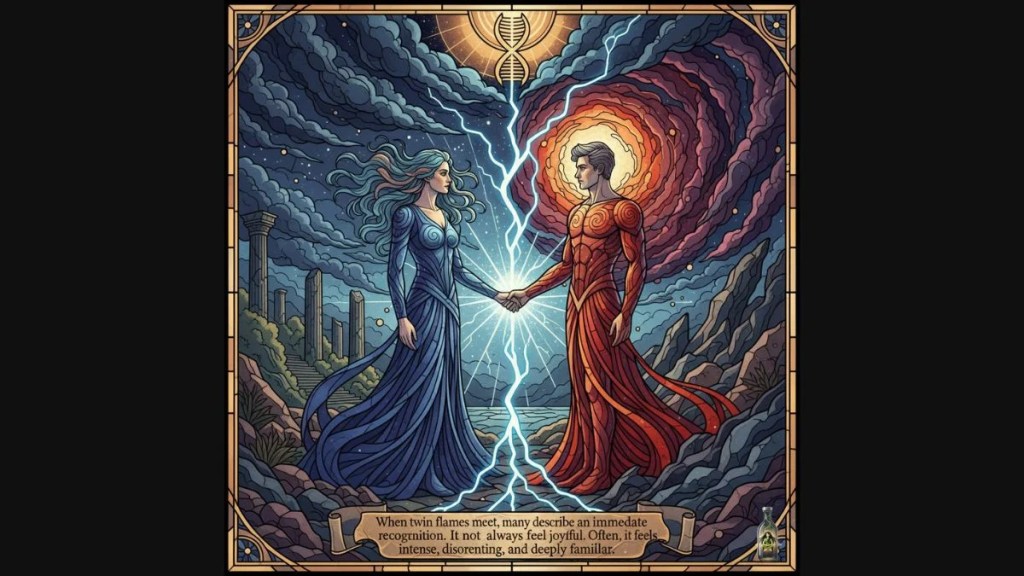 A man in red and a woman in blue holding hands as a bolt of lightning strikes between them against a swirling cosmic sky.