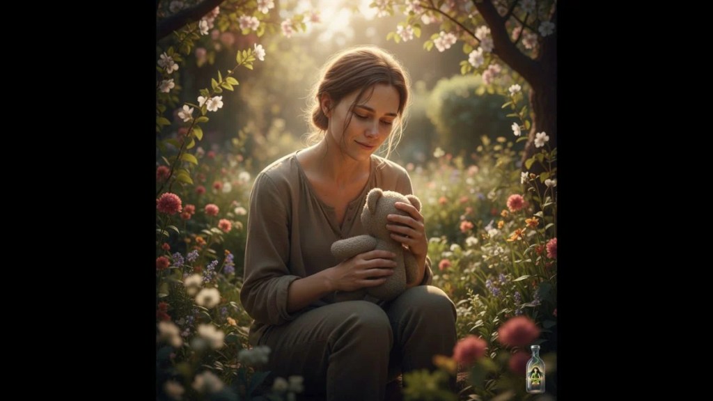 A woman sitting peacefully in a sunlit flower garden holding a