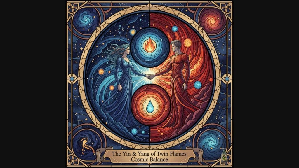 A circular stained glass mandela showing a male and female figure representing fire and water in a Yin Yang cosmic balance.