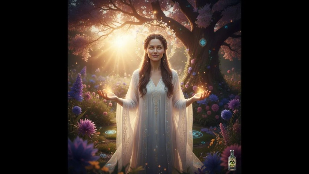 A glowing woman in a white dress with a halo standing in a magical garden.
