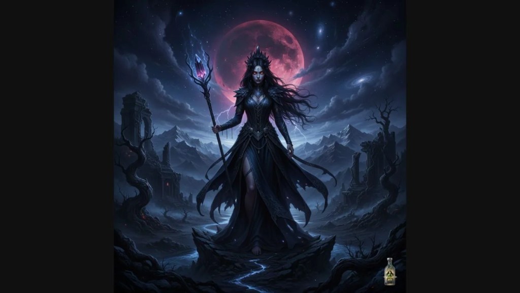 A dark sorceress or queen holding a glowing staff standing before a blood moon in a desolate, mountainous landscape.