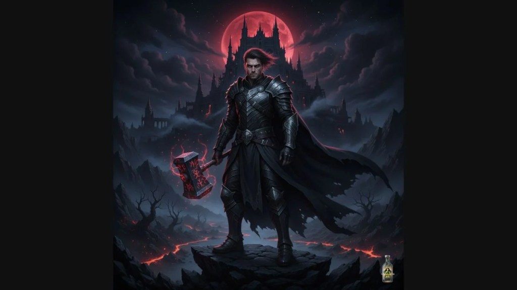 A warrior in dark armor holding a glowing red runic hammer standing in a volcanic landscape under a blood moon.