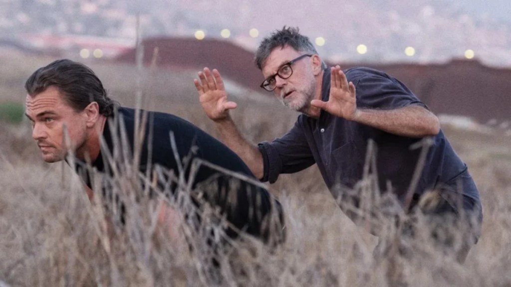Director Paul Thomas Anderson (PTA) giving directions to Leonardo DiCaprio on the set of One Battle After Another.