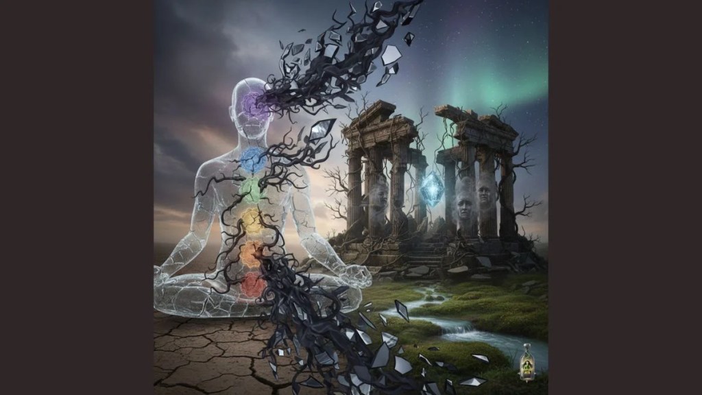 Surreal digital art showing a translucent human figure in a meditation pose with dark, thorny vines representing emotional trauma blocking the seven chakras.