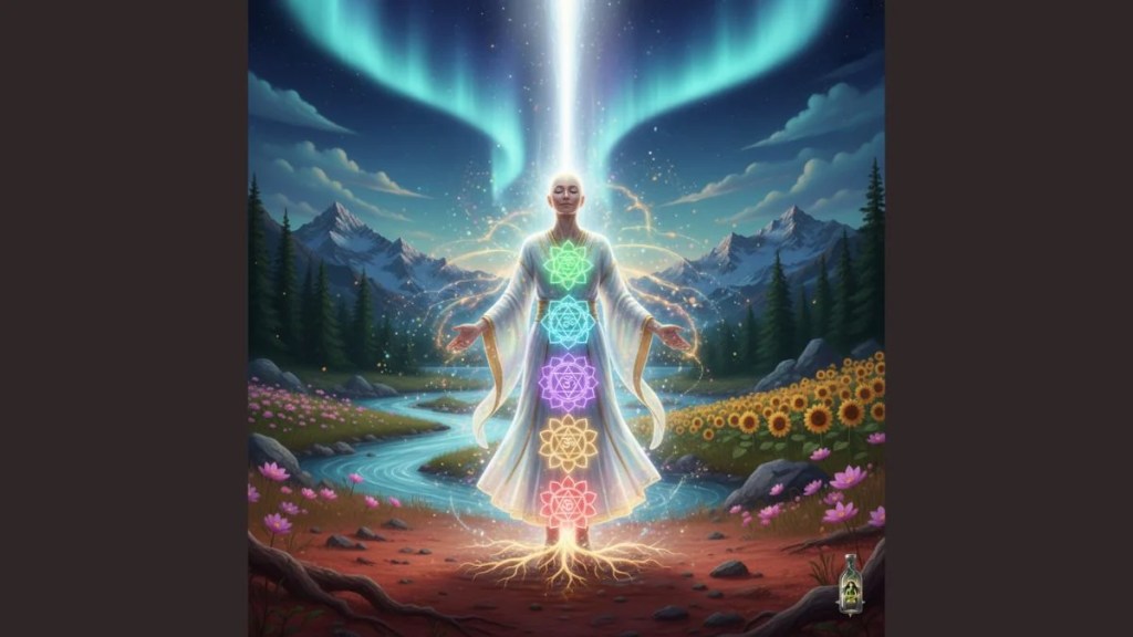 A figure in white robes standing in a peaceful valley with all seven chakras glowing brightly and aligned.