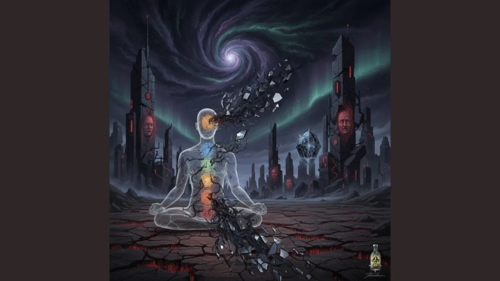 Surreal digital art showing a translucent human figure in a meditation pose with dark, thorny vines representing emotional trauma blocking the seven chakras.
