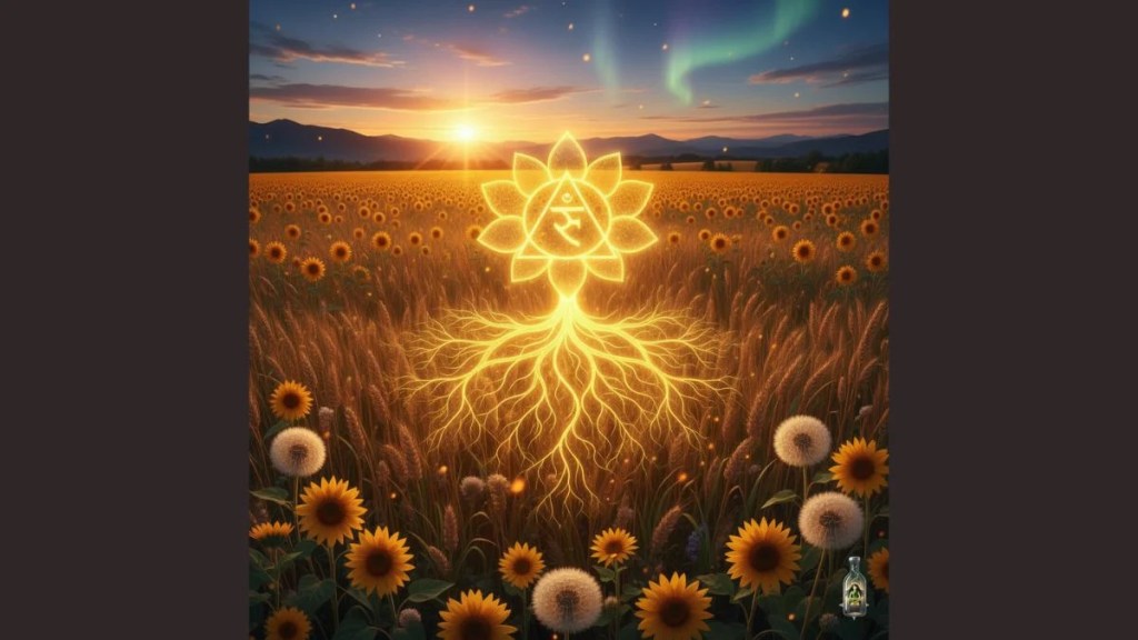 Yellow Solar Plexus Chakra symbol with roots extending into a field of golden sunflowers under a setting sun.