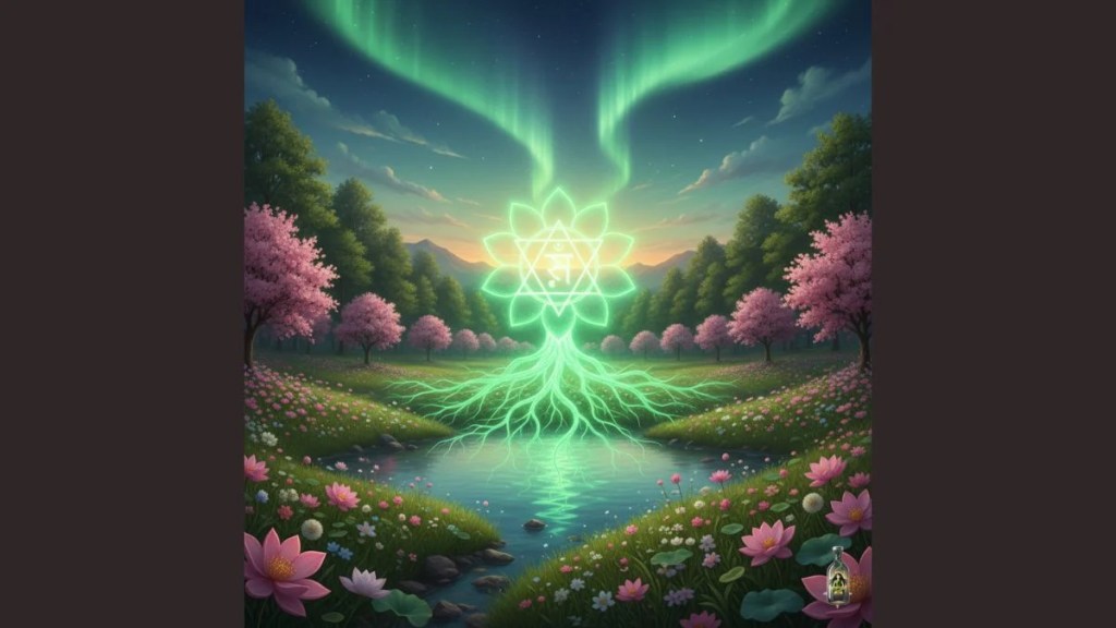 Luminous green Heart Chakra symbol rooted in a serene landscape with pink cherry blossoms and a calm pond.