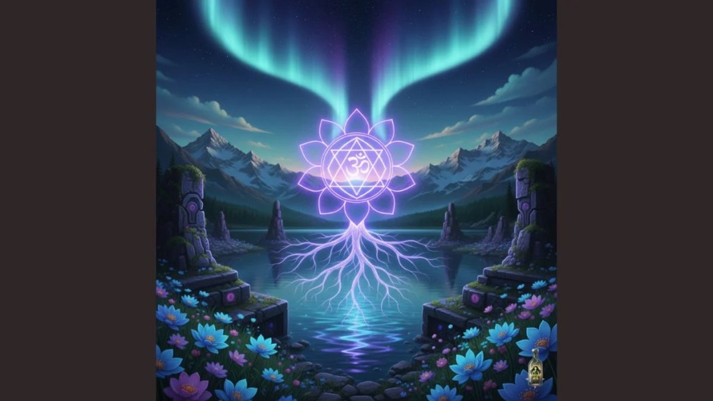 Glowing blue and purple chakra symbols with energy roots over a mountain lake under an aurora borealis.