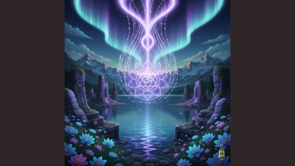 Glowing blue and purple chakra symbols with energy roots over a mountain lake under an aurora borealis.