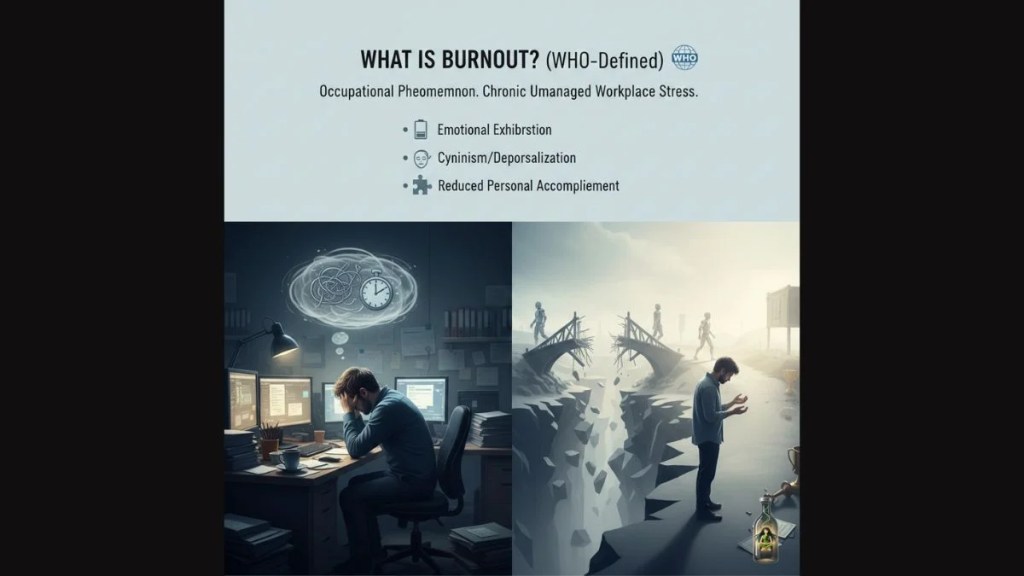 Illustration of a man stressed at a desk and a man standing before a broken bridge, representing workplace burnout symptoms.