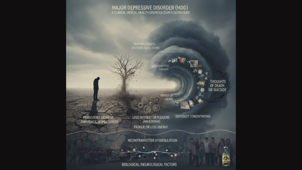 A dark, swirling cloud formation listing symptoms of Major Depressive Disorder (MDD) like anhedonia and hopelessness.