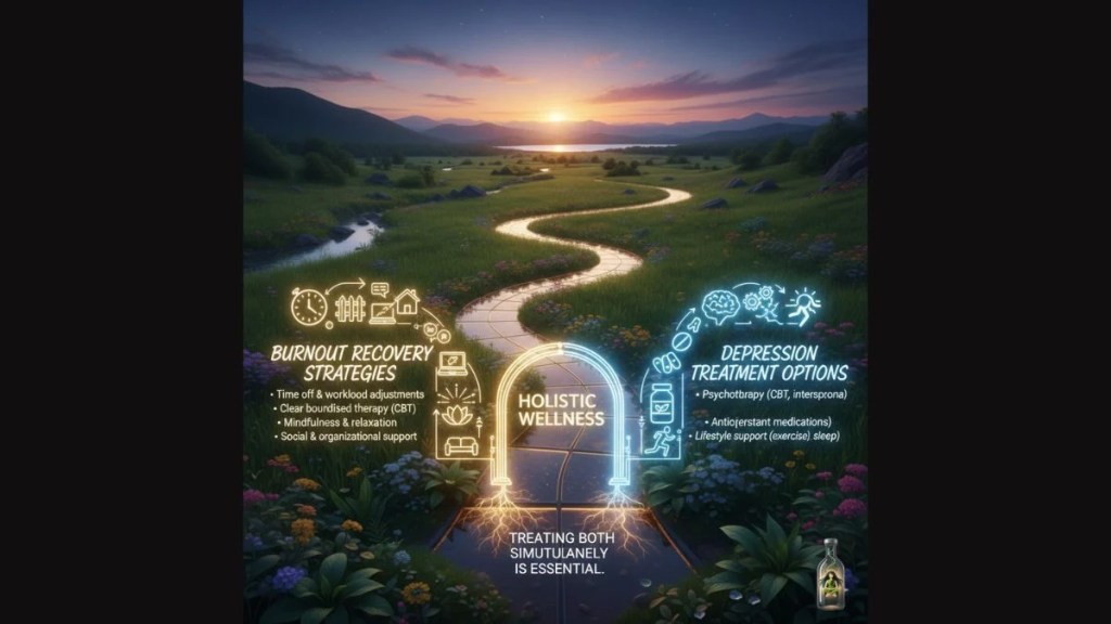 A sunrise landscape with a path leading toward holistic wellness, showing recovery strategies for both burnout and depression.
