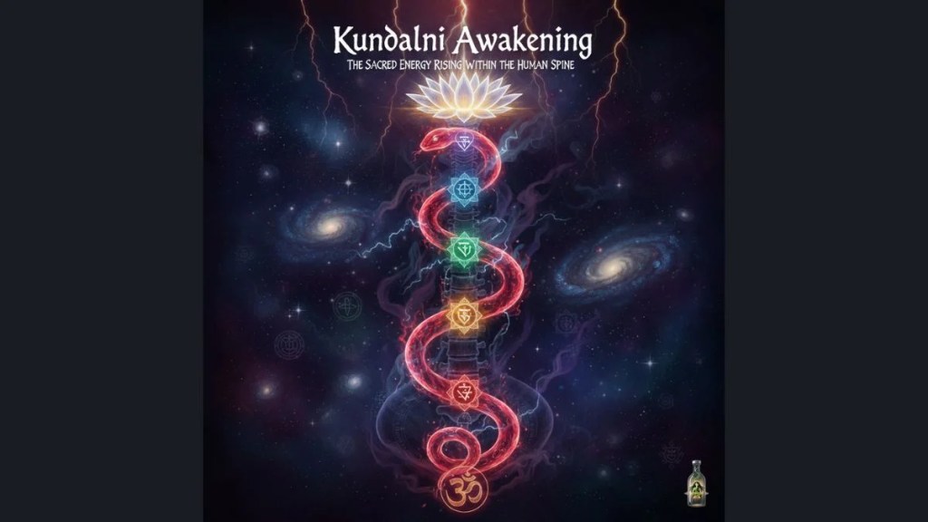 Digital illustration of Kundalini awakening showing a glowing red serpent rising through the seven chakras of the human spine against a cosmic galaxy background.
