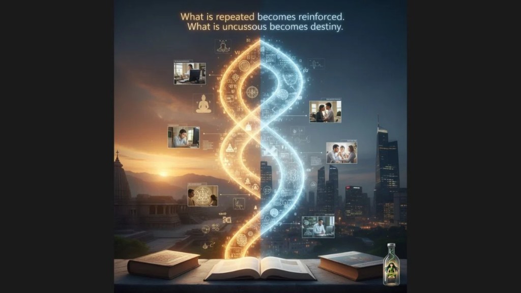 Conceptual image of an open book with a glowing DNA-like double helix made of spiritual and modern icons, split between a sunset temple and a night city.