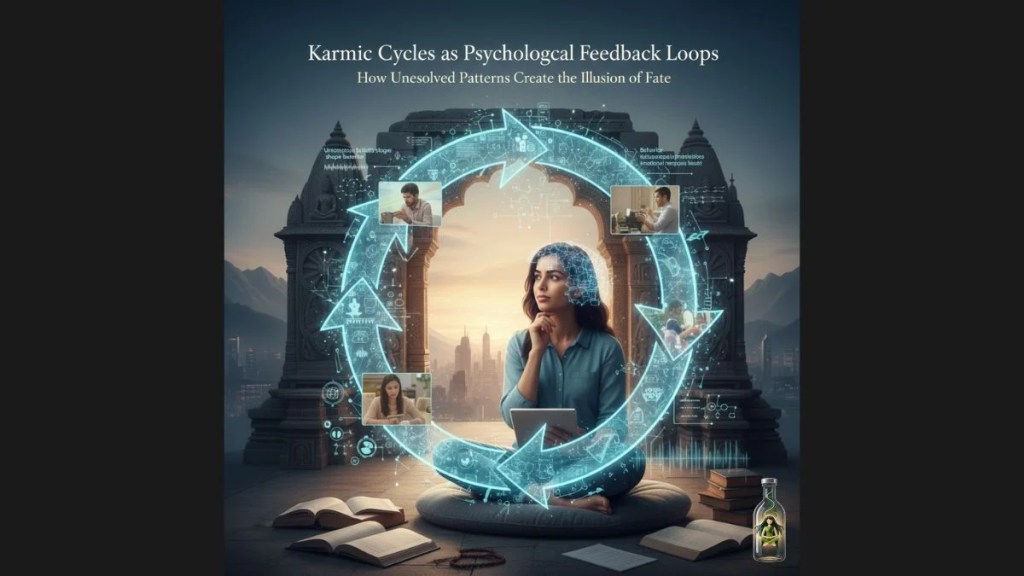 A woman meditating within a glowing blue circular arrow loop containing images of daily life struggles, symbolizing a psychological feedback loop.