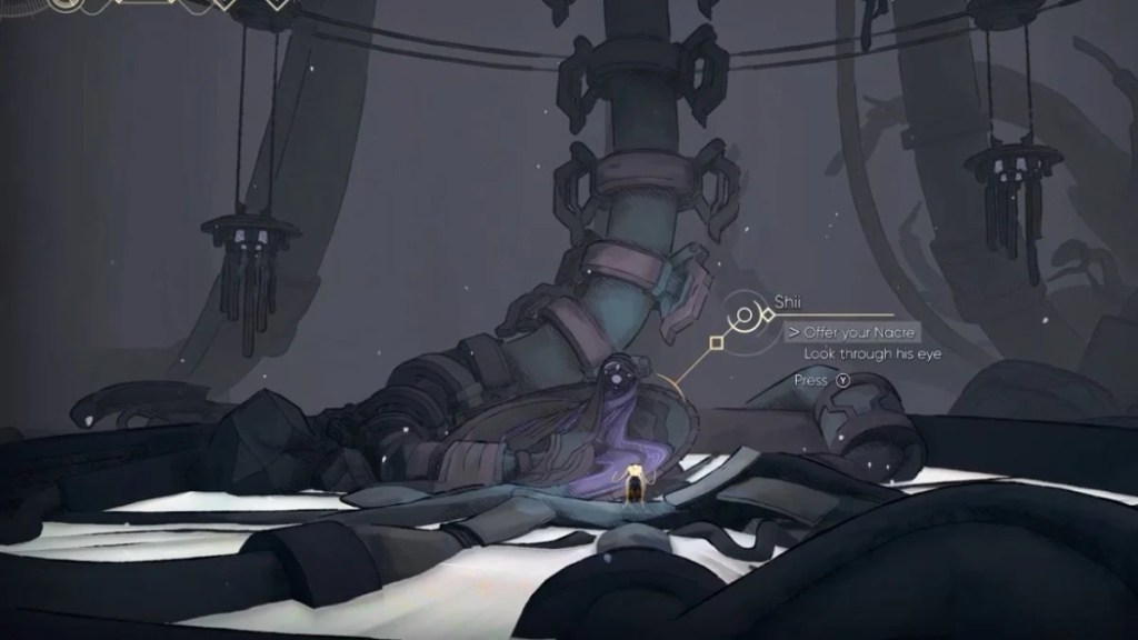 A gameplay screenshot showing the interaction menu for Shii with the option to Offer your Nacre in MIO Memories in Orbit.