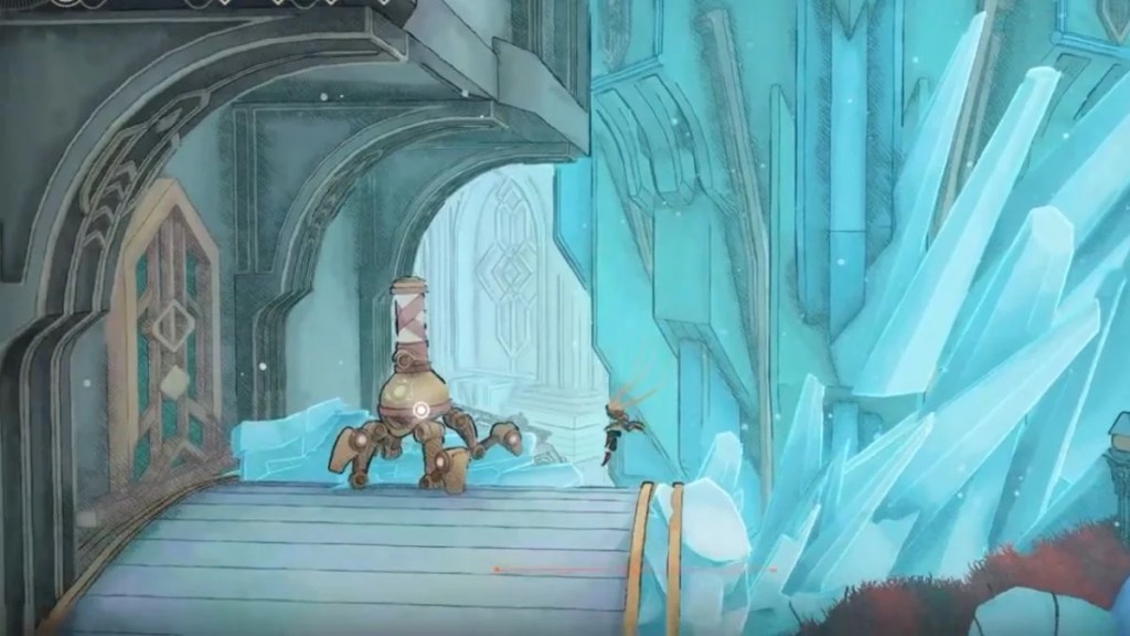 A mechanical four-legged Crystalliser robot standing on a platform near blue crystal formations.