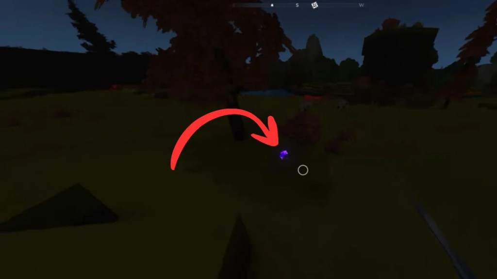 A dark nighttime landscape in Hytale with a red arrow pointing toward a glowing purple Voidheart item dropped on the ground.