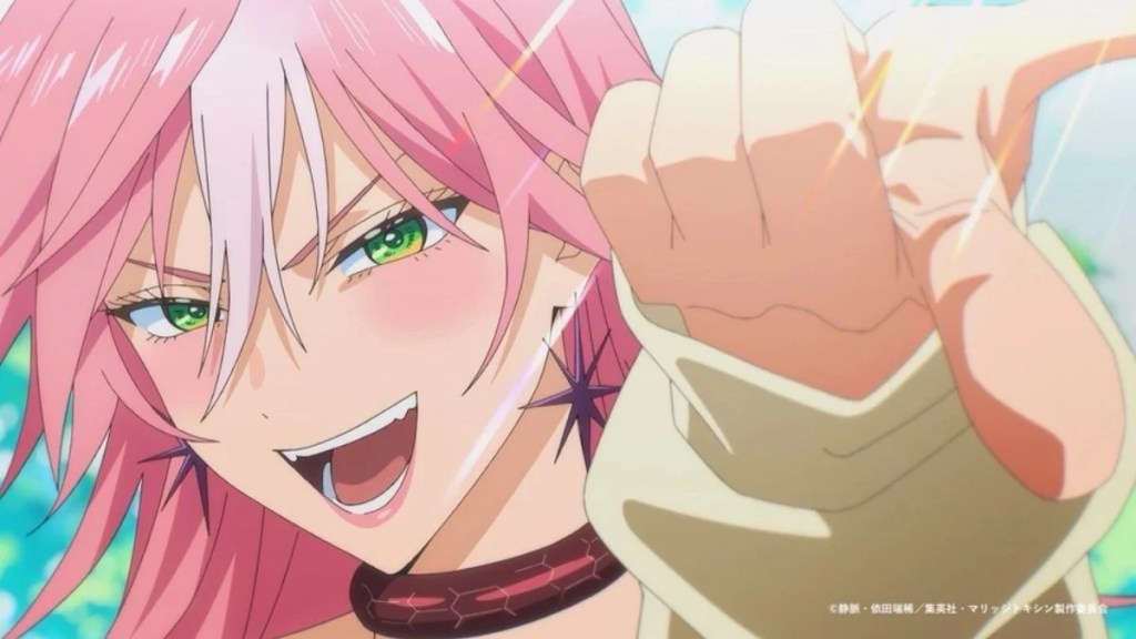 Mei Kinosaki from MARRIAGETOXIN anime smiling and pointing forward with pink hair and green eyes.