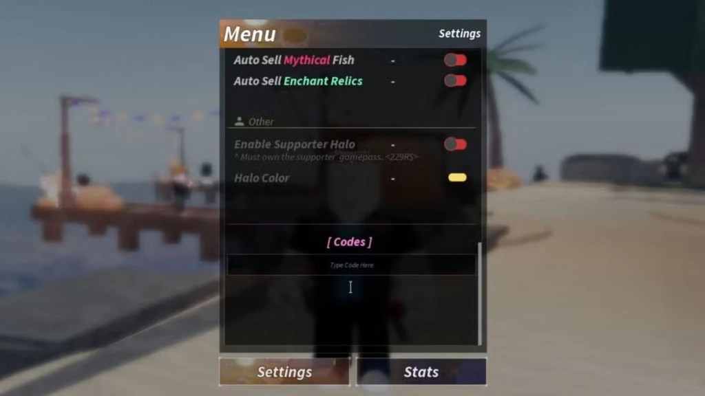 The Roblox Fisch in-game menu showing the settings and the Codes redemption text box.