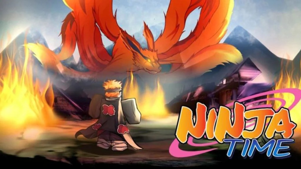 inja Time Roblox game art featuring a shinobi facing the Nine-Tails fox (Kurama).